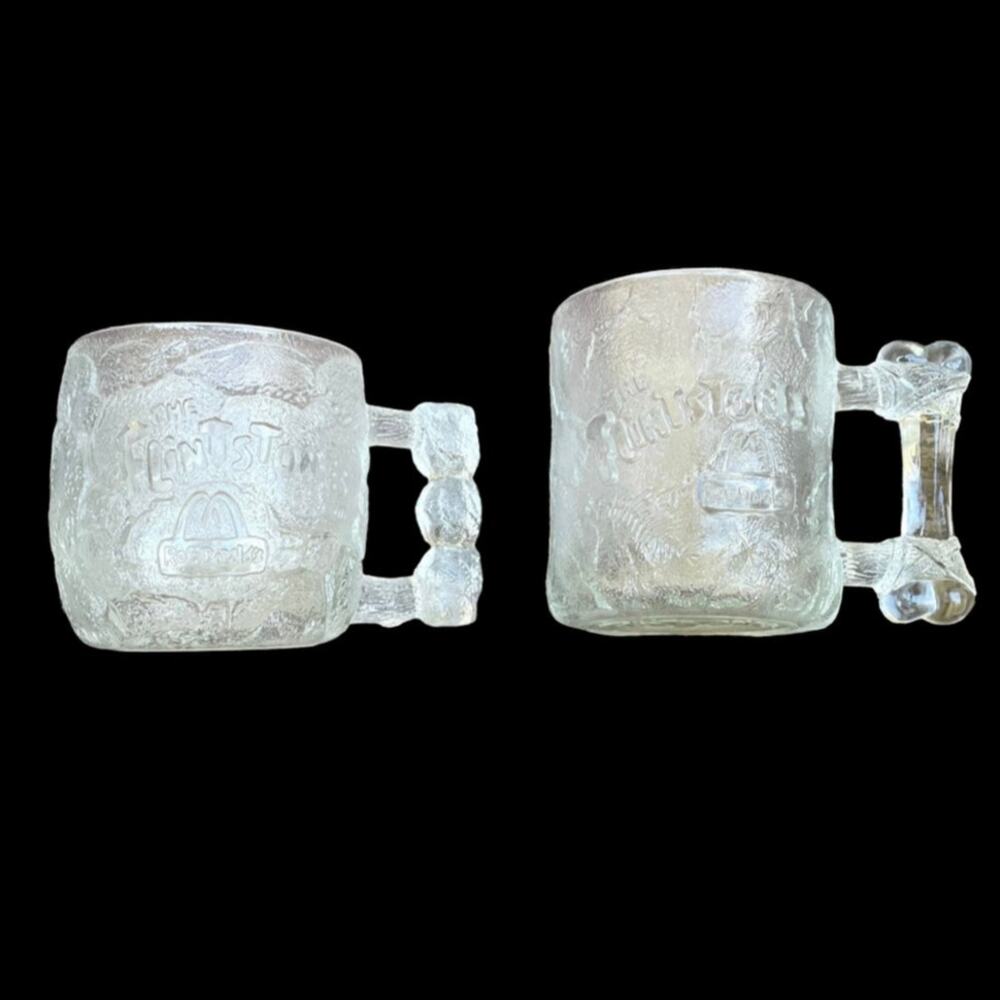 McDonald's RocDonalds Flintstones Mugs Vintage 1993 Clear Glass 3D Set of 2